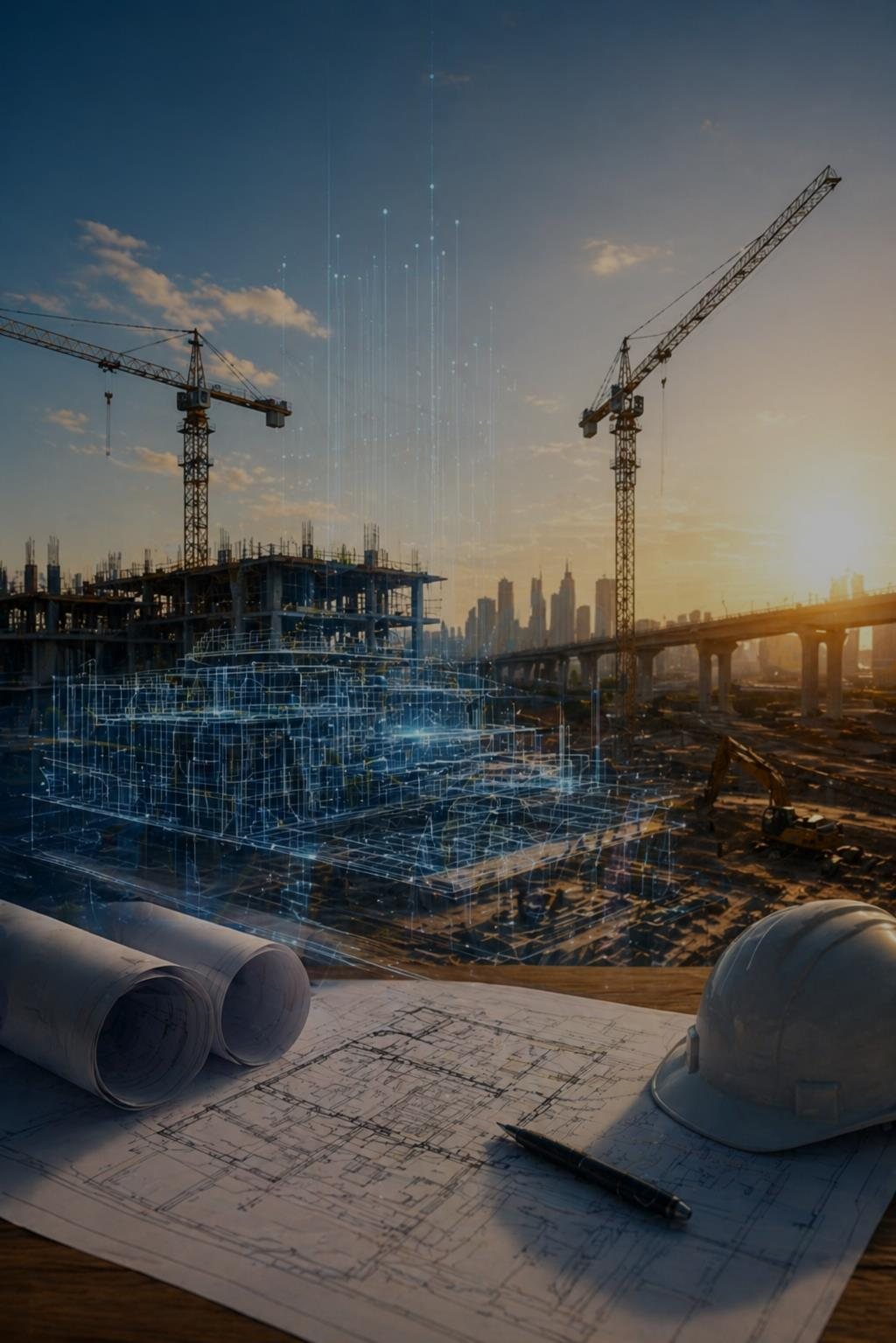 Canteiro de obras com estruturas metálicas e pranchas de projeto